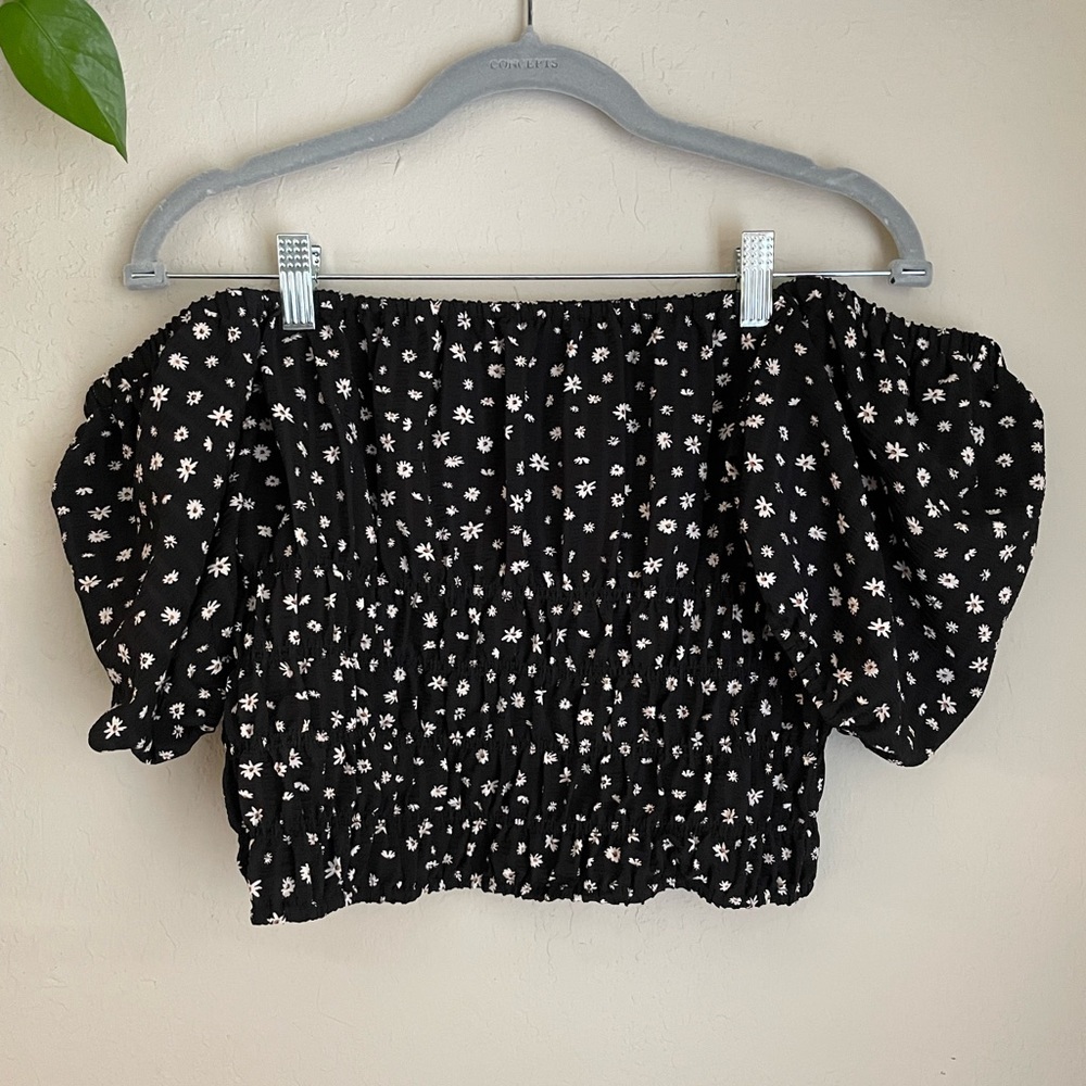 Elodie Off Shoulder Smocked Stretch Black Floral Blouse